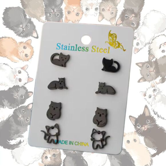 4 Pairs of Black Stainless Steel Cat Kitty Earrings - Picture 1 of 7